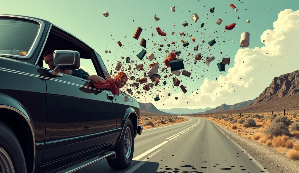 Full shot. On a roadside route, some clothes are seen being thrown out the window of a black car, clothes, a towel, and a box of...