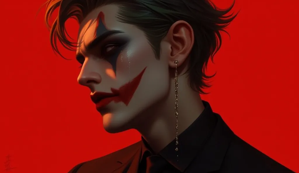 Make a handsome joker who is crying, using black suit . red background