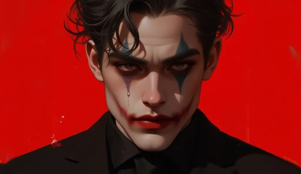 Make a handsome joker who is crying, using black suit . red background