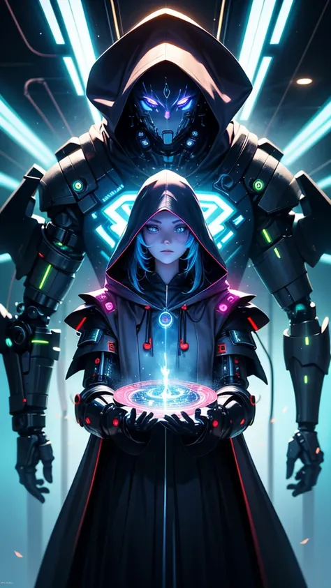 Cybernetic mage in futuristic robe with glowing blue eyes, mechanical arms with neon circuits, hooded cloak, colorful magical au...
