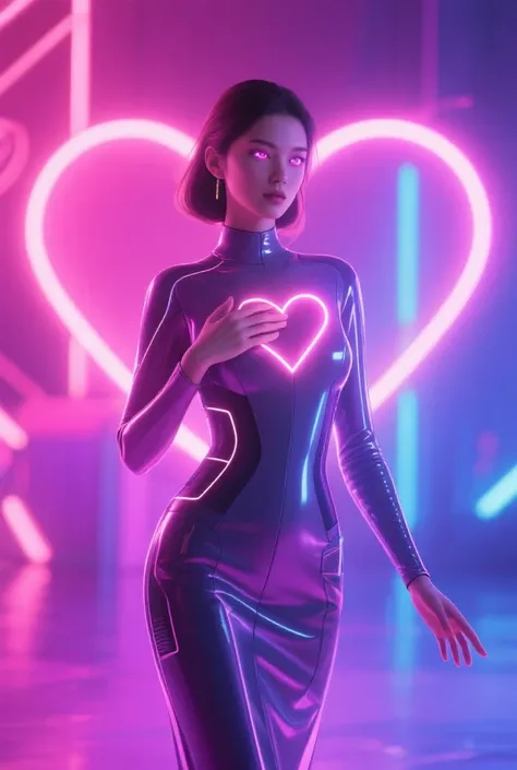 An AI-generated woman with a futuristic, sleek look, standing in a romantic and inviting pose. She stands gracefully with one ha...