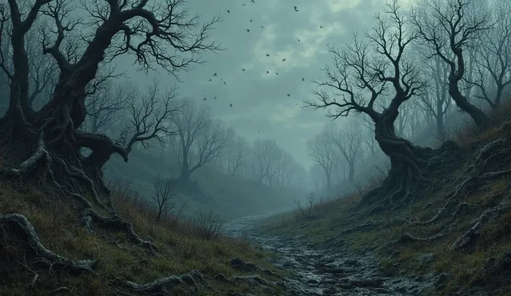 The land is uneven from above, the sky is not visible, the focus is on the grass and the leaves of dead trees are full of dark t...