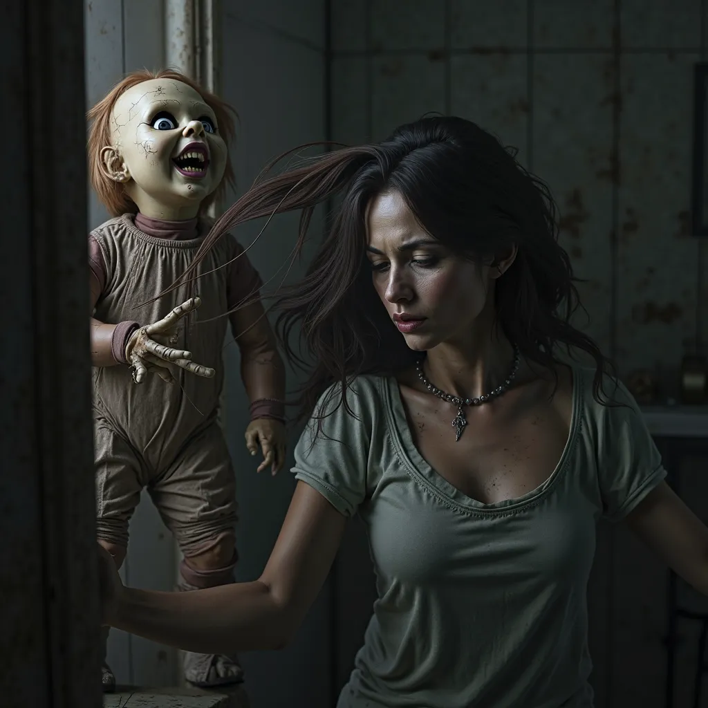 An evil doll pulling a woman through her hair into the closet