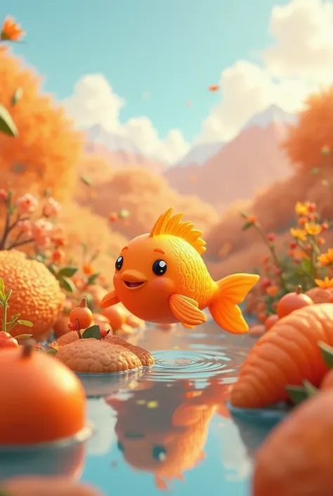 The theme is orange. Hasme an image with an orange, a carrot and an orange fish that looks kawai in a beautiful landscape 