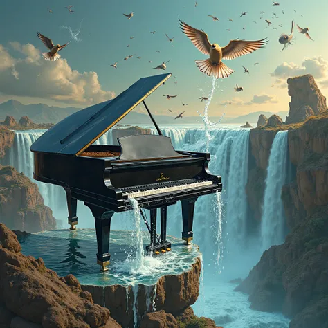 A hyper-detailed surrealist scene inspired by Salvador Dalí and Vladimir Kush: A glossy black grand piano melts and transforms i...