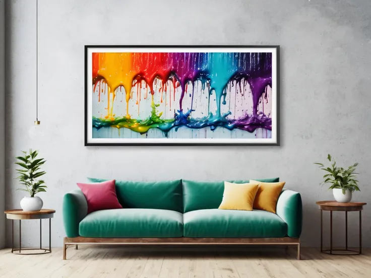 photo of a horizontal painting, metal frame, horizontal frame, concrete wall, photorealistic, painting of colorful water, flowin...
