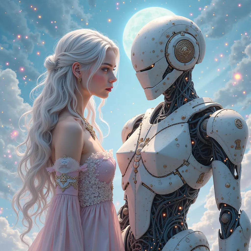 Portrait-style concept art of Princess Aelinor standing beside a damaged robot protector. Her silver moonlit hair and pastel-shi...