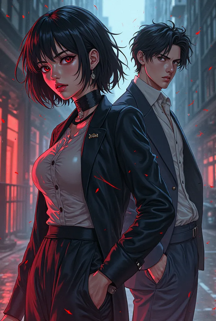a anime novel cover where female lead is a killer and later falls for a poor hot man. male lead has pale skin and black hair. an...