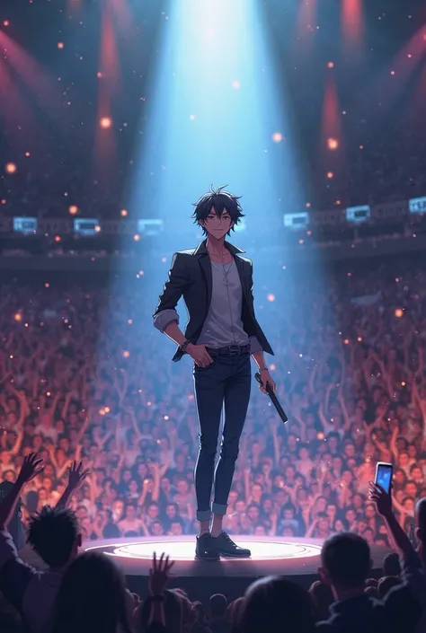 Anime picture ,The Man Who Came Back,holds a microphone in his right hand and hangs a,On stage,spotlight on his body,There was a...
