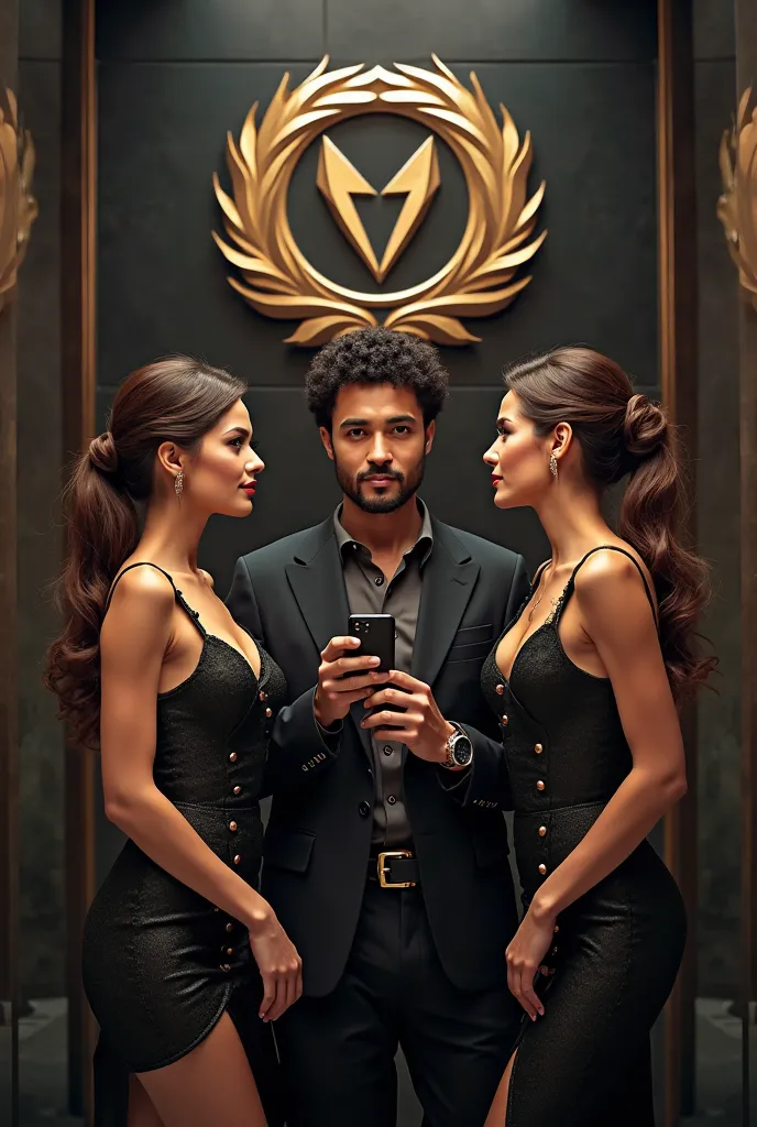 create a photo of Raphael and two seductive girls side by side for advertising, Rafael has a high-kef phone in his hands, agains...