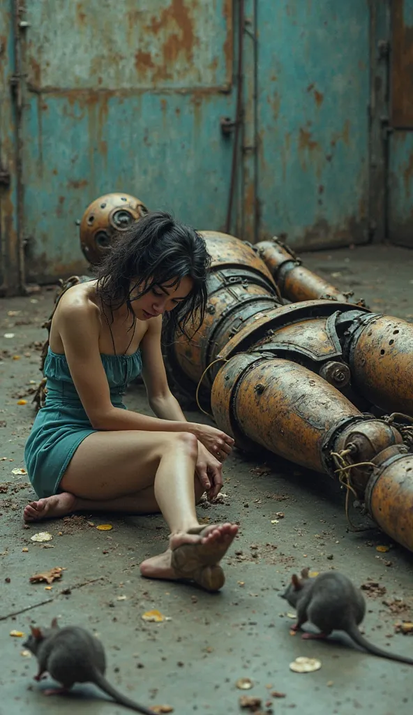 rusty huge android lie on dirty floor. young sexy woman in dirty cyan short dress sit on dead body huge android and trying wreak...