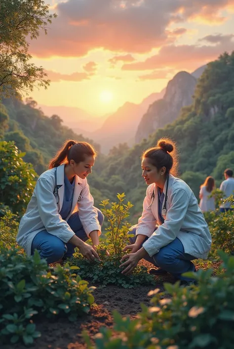 Medical students curing the earth in the evening very realistic