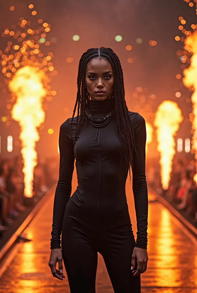 A model standing on stage wearing a black short costume with long sleeves and full neck , hairs having braid , with blue eyes ha...