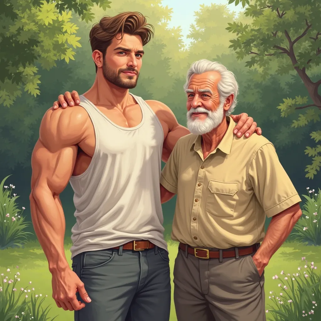 A handsome muscular man in his 30s with strong arms and a warm face standing beside his elderly father in a peaceful garden, bri...