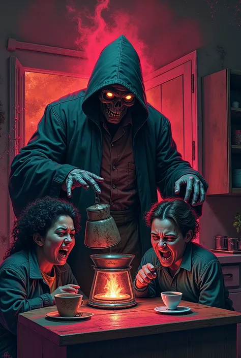 Create poster art in the style of a horror movie from the 80s for the book with the following synopsis: **A Cafeteira** An old r...