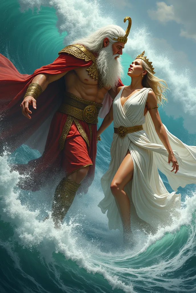 Take a picture of Poseidon with white hair and Athena