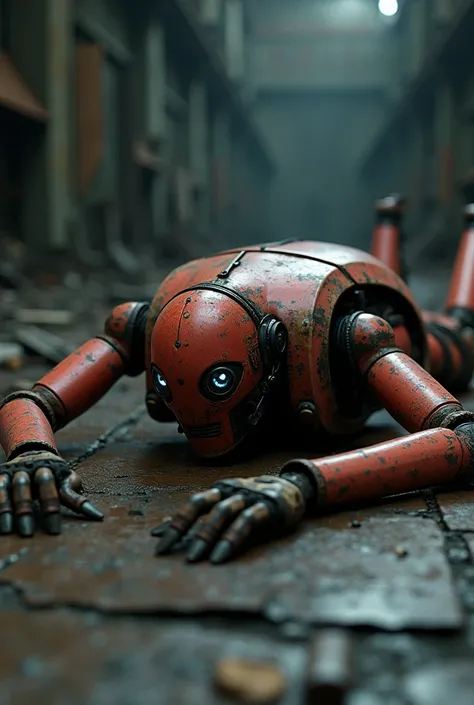 broken ancient red steampunk android, terminator, rusted, old, dystopian background, dark background, cinematic, lying on the fl...