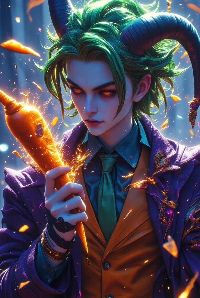 the Joker El Whazon is holding a carrot,portrait realista,detailed face,cheerful expression,dynamic pose,comic character,urban b...