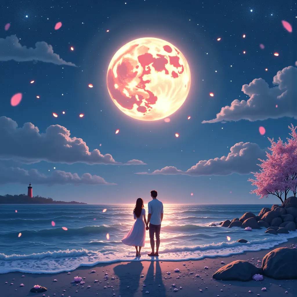 A dreamy romantic scene under the night sky,
A glowing full moon reflecting on a calm sea,
Two silhouettes standing hand in han...