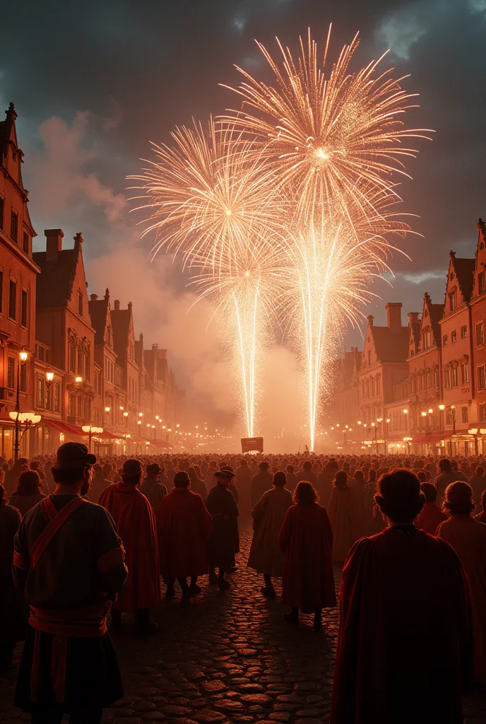 A vibrant 16th or 17th century European celebration scene, where fireworks have become an essential part of entertainment and no...