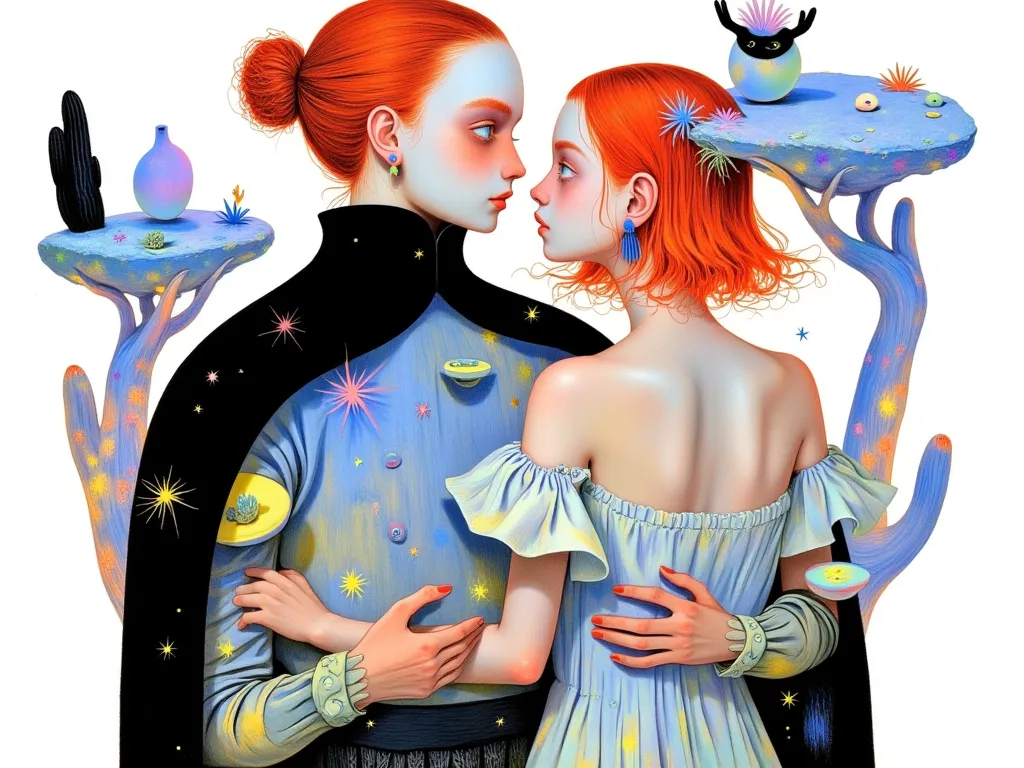 Delicate, detailed, high quality, male and female illustrations, two people, rear view, back front, beautiful back view, sparkli...