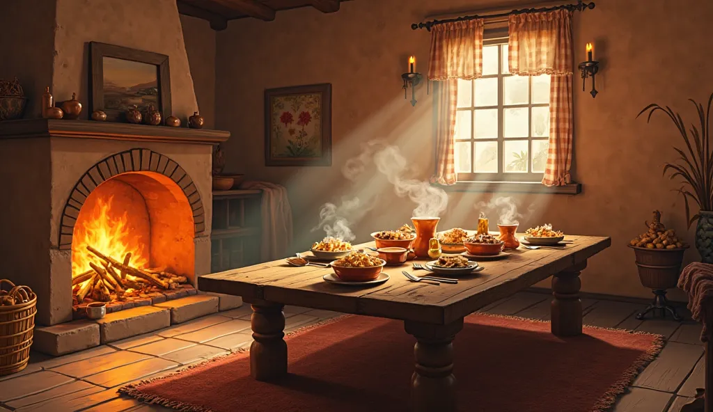 "An animated dinner area inside a cozy village house with no humans present. The wooden dining table is beautifully set with ste...