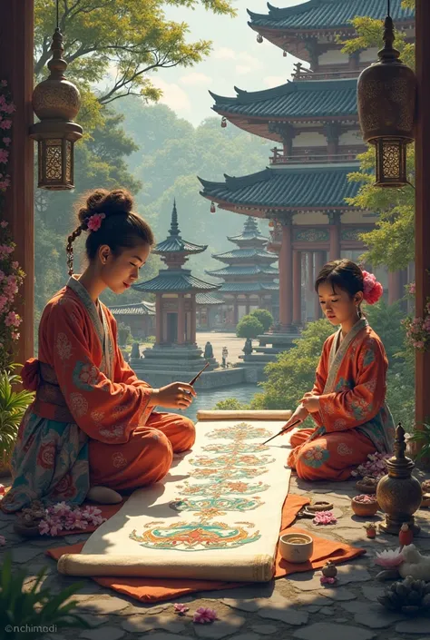It looks like Balinese are active as picture scrolls artists in Yakushiji, Nara。Kimonos and costumes、background scenes、Atmospher...