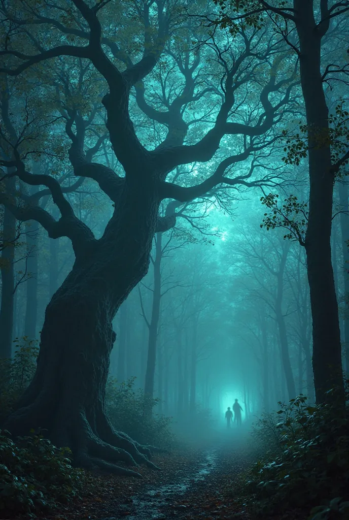 Supernatural forest scene at night, with glowing fog and a tree emitting ghostly screams, conveying fear and mystery