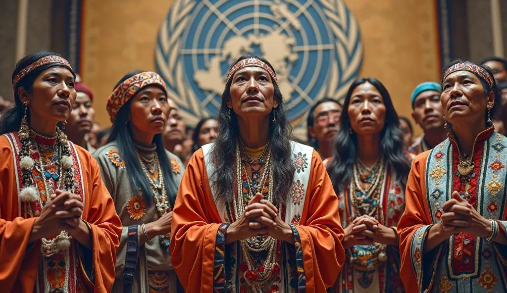 Image of indigenous leaders from around the world meeting at the UN Headquarters Assembly, expressing unity, cultural diversity ...