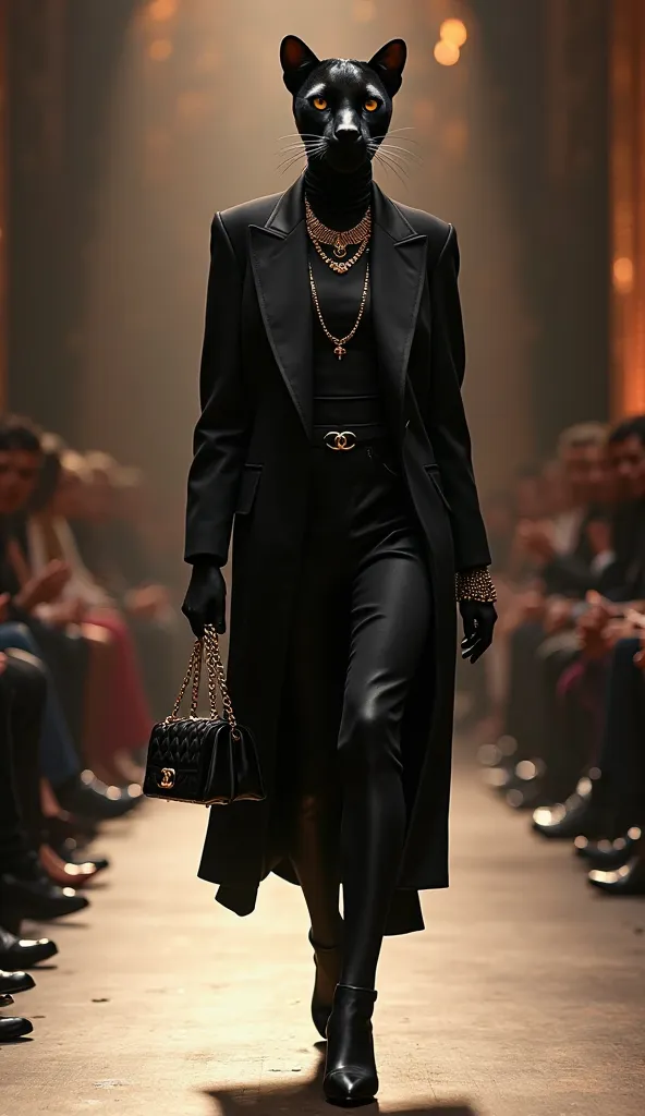 Ultra-realistic anthropomorphic female panther, elegant and confident, wearing a luxurious black designer outfit (like Prada, Gu...