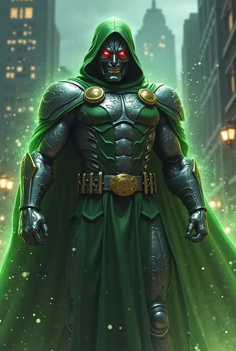DR. Doom in full body, with his iconic metallic gray armor and etched details, reflecting the ambient light.
- Mask with an im...