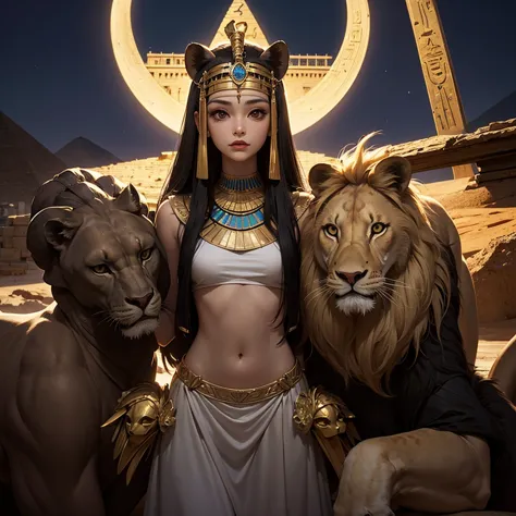 female sphinx、 Egyptian monster 、 has a female upper body and a lion's lower body、Moonlit Desert、Next to the pyramid