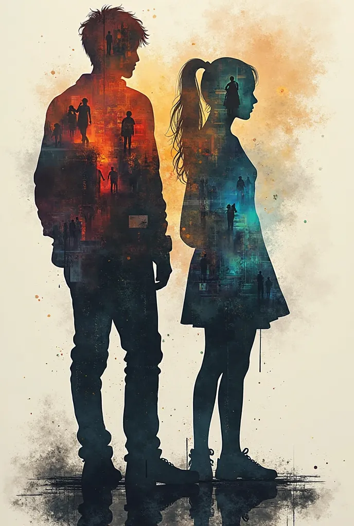 creates the silhouette of a age aron standing, and behind him the shadow of a female ager. around them abstract and blurred imag...