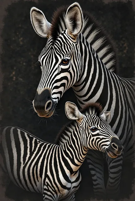 a dramatic, high-contrast, cinematic photograph of an zebra and zebra calf, intricately painted in bold, expressive ink lines an...