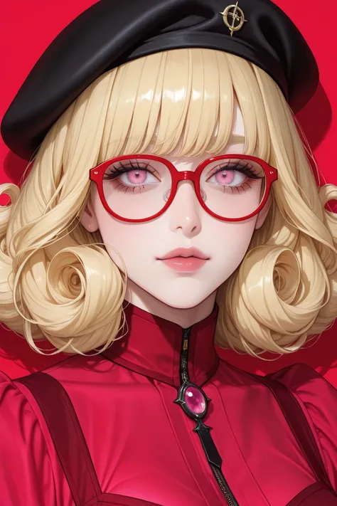 1 a girl with very short curly yellow hair,bright pink eyes, linda, cute red dress, lenses with red frame, piel clara, black ber...