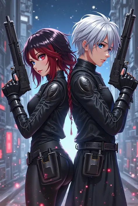 Anime fox couple 1girl, red and black hair, silver eyes, 1 boy white hair and blue eyes holding guns in star wars style standin...