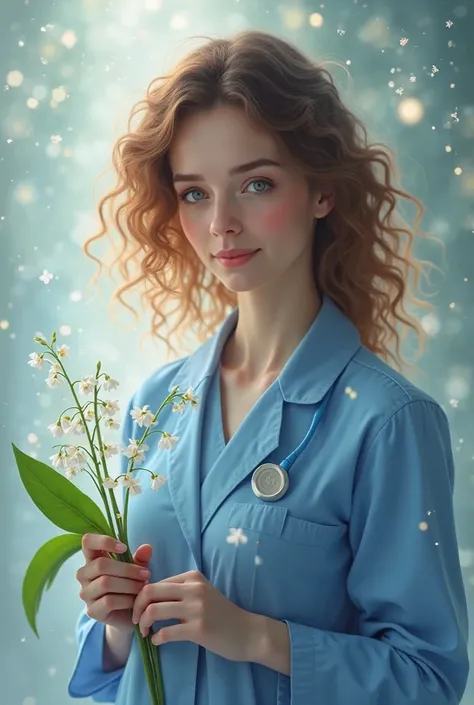 A pediatric nurse working in neonatology , with a blue coat and curly chestnut hair holding a May Day lily of the valley , with ...