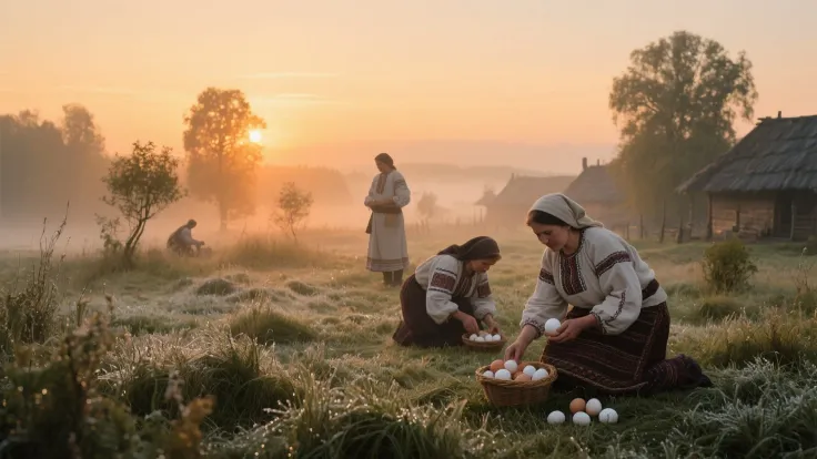 Ancient people gathering eggs at sunrise in a natural village setting.