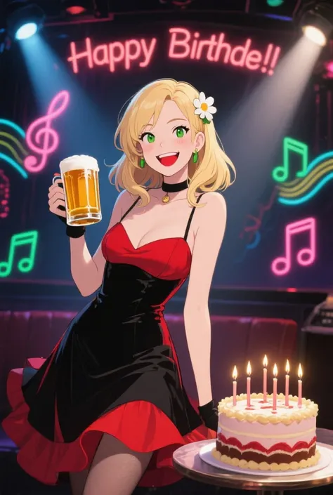 I want the image of a blonde girl, hair below the shoulders, a big smile, a small flower in the hair, red and black midi dress,...