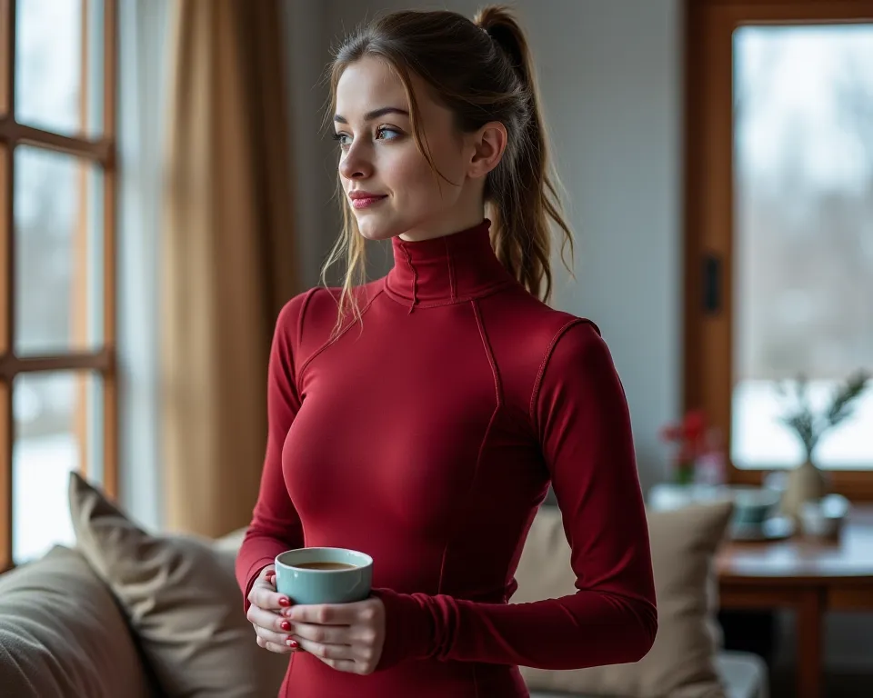 a girl trying a red sweatshirt for her full enclosed bodyfit skintight shiny black latex catsuit in home in winter and holding ...