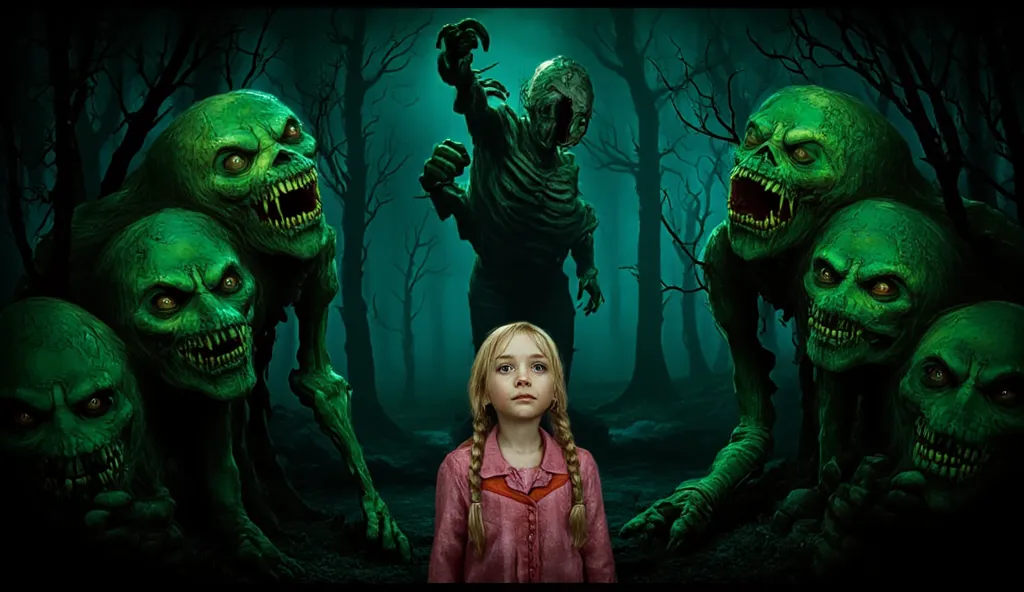 A ten-years-old girl with pigtails wearing a pink and red dress, lost in a terrifying magical forest. The trees have twisted fac...