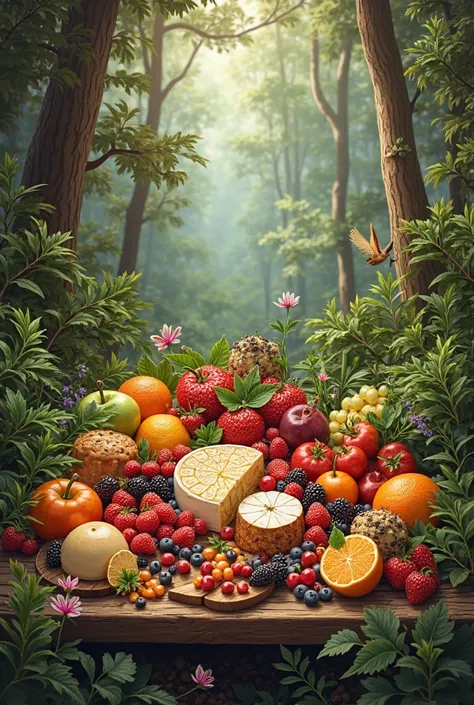 * Image of fruits and food in the middle of the forest.