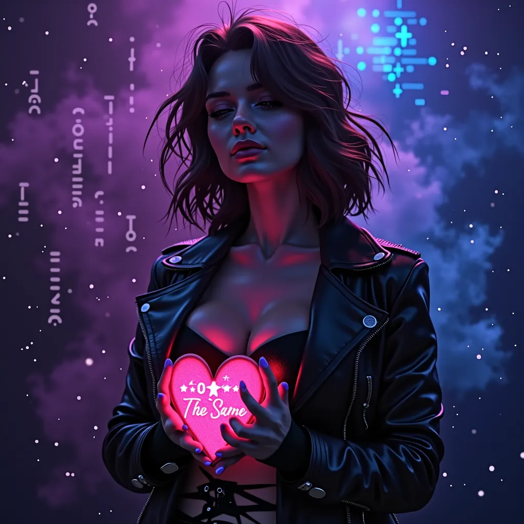 A cinematic digital painting of a 20-year-old Russian woman with dark brown hair, styled like a modern bad girl. She stands in a...