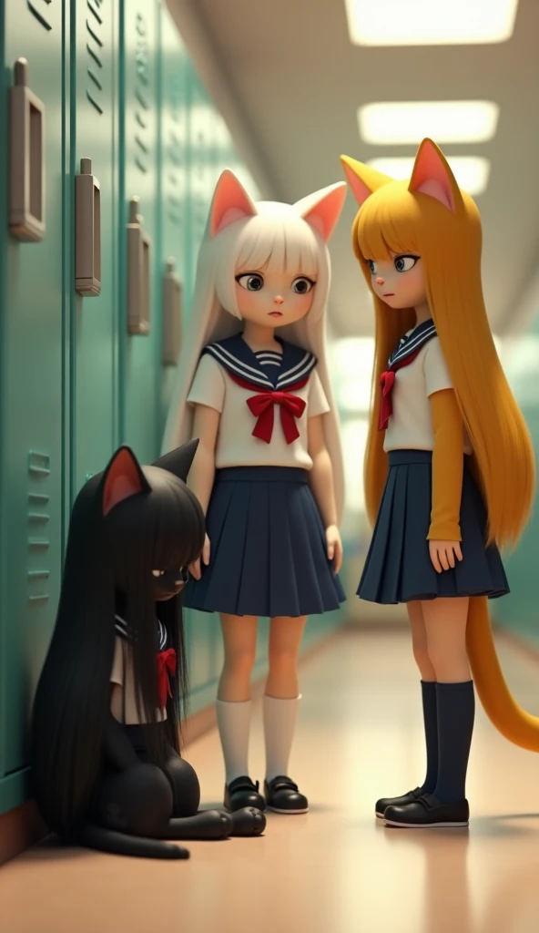 "Three humanoid cat girls in 3D Pixar style inside a school hallway. One black-furred cat girl sits on the floor against a locke...