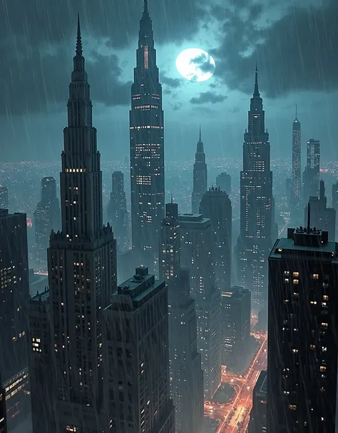 gotham city, wallpaper, comics style detailed, cinematic scene of Gotham City, featuring the iconic skyline with towering skyscr...