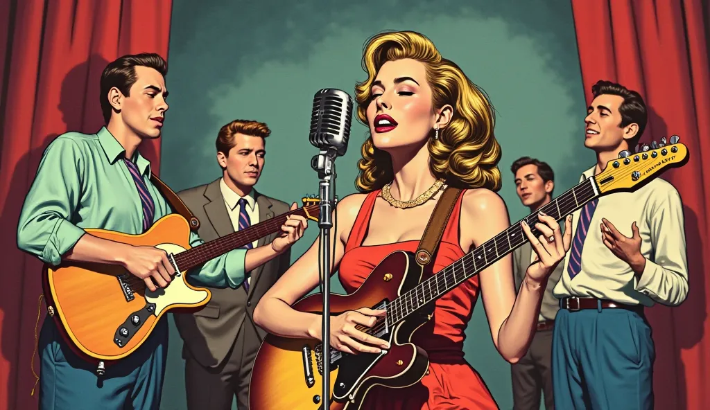 retro comic book style illustration from the 50s, showing a doo wop band with a solemn expression of worship to God, one of them...