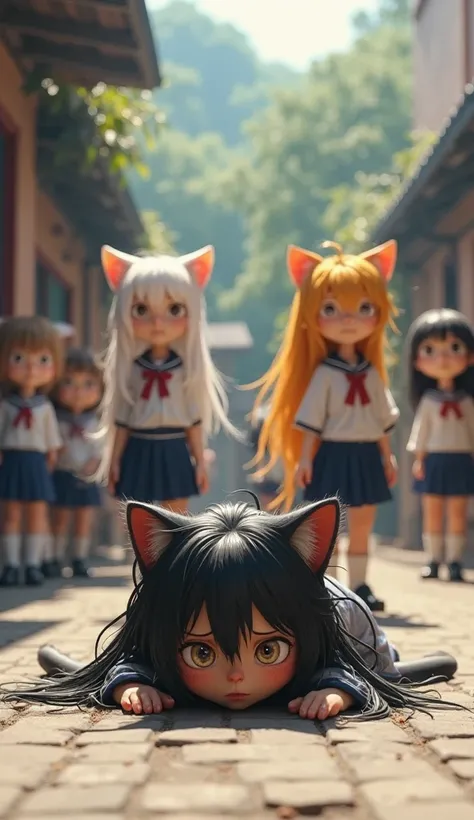 "In front of the school entrance in Pixar 3D style, a black-furred humanoid cat girl with long, messy black hair lies on the pav...