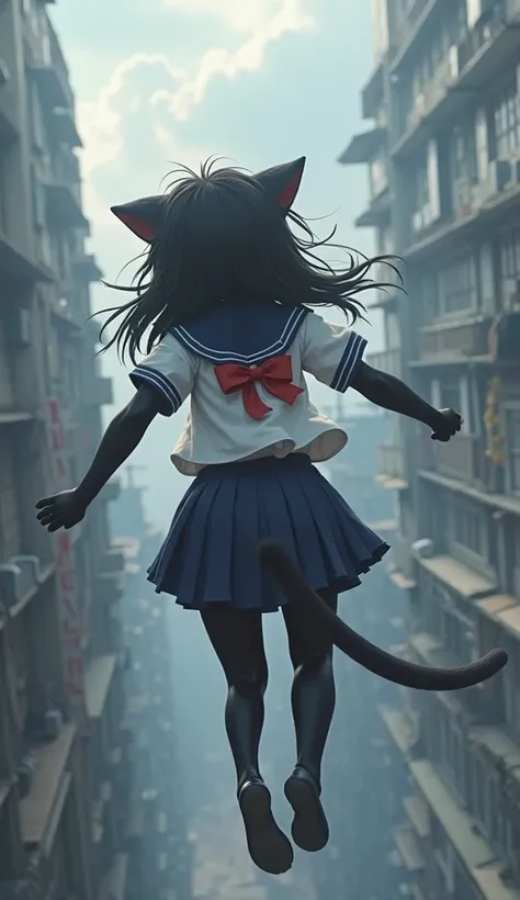 "A black-furred humanoid cat girl with long, unkempt black hair is falling through the air after jumping from the rooftop of a t...