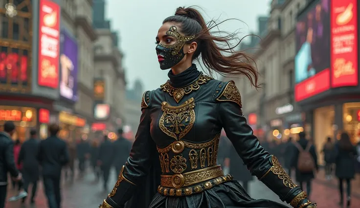 portrait of steampunk black leather clothed extremely golden decorated half masked celtic female warrior male dancing at the Pic...