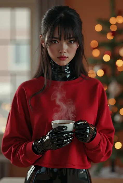 a girl trying a red sweatshirt for her full enclosed bodyfit skintight shiny black latex catsuit in home in winter and holding t...